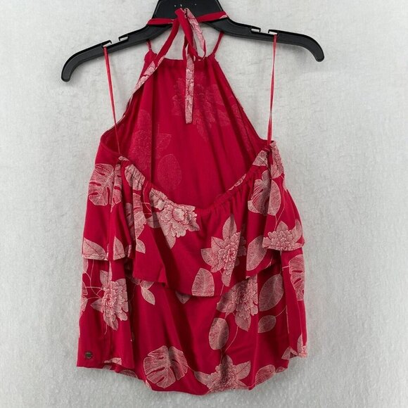 Roxy Tank Top Women's Sz 3 Red Tiered Tropical Print Halter Tie Back Backless - Picture 2 of 11